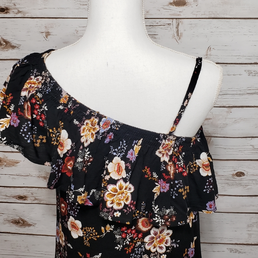 Pink Rose Asymmetrical Black Floral Dress Sz Small - Picture 5 of 8